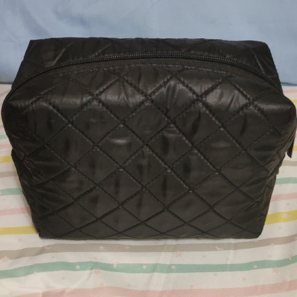 Black Quilted Toiletry Bag with Zipper Closure